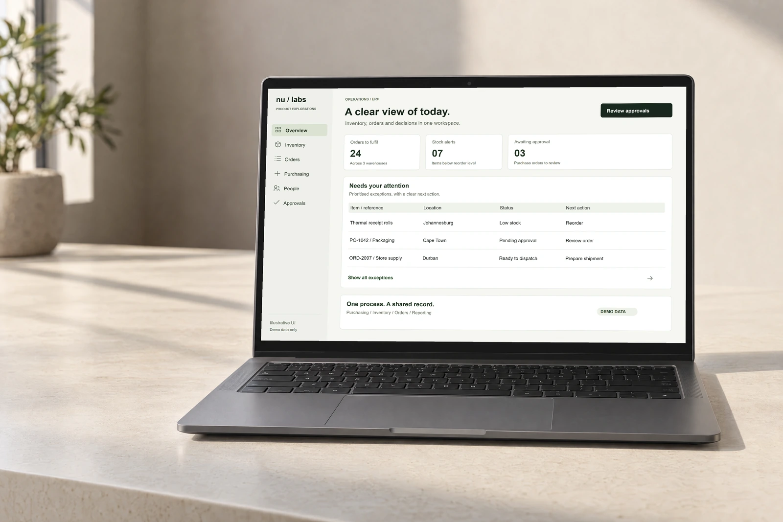 Illustrative ERP interface with demo data on a graphite laptop.