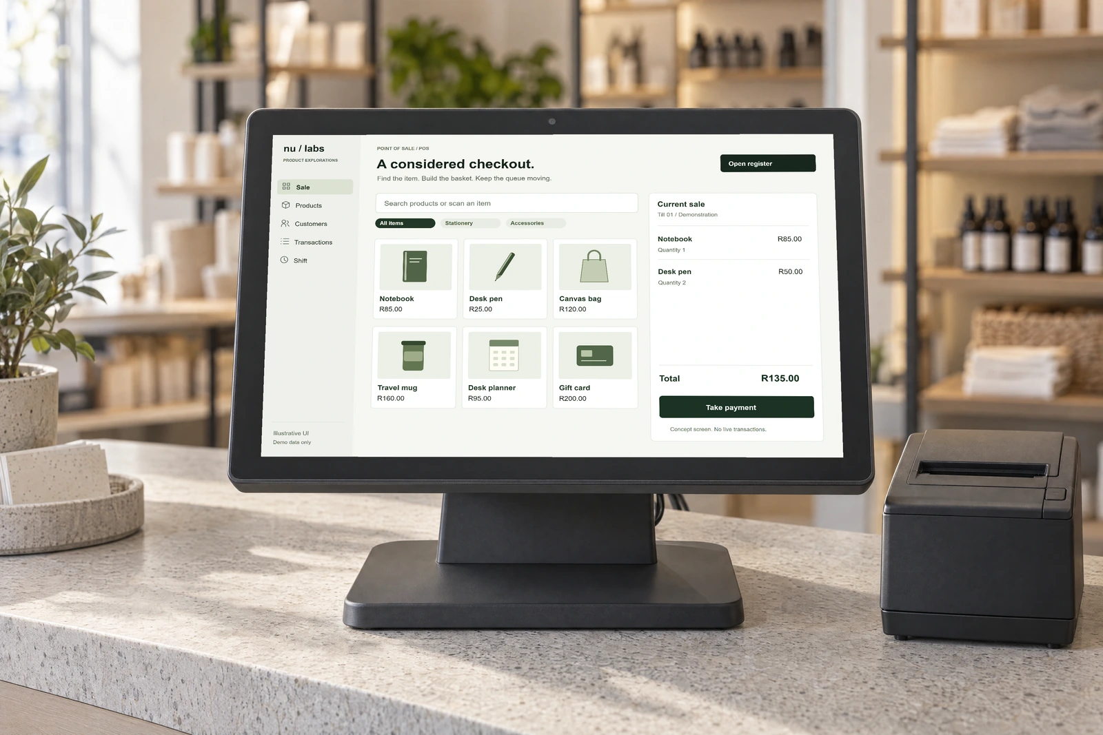 Illustrative POS interface with demo data on a point-of-sale terminal beside a receipt printer.